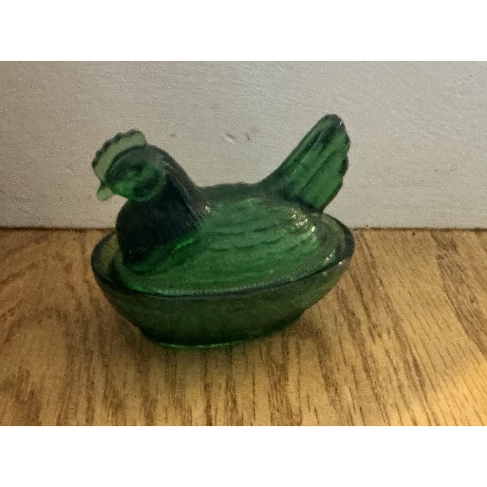 Vintage Mini Hen on Nest Emerald Green Salt Cellar Covered Trinket Dish 3.5"